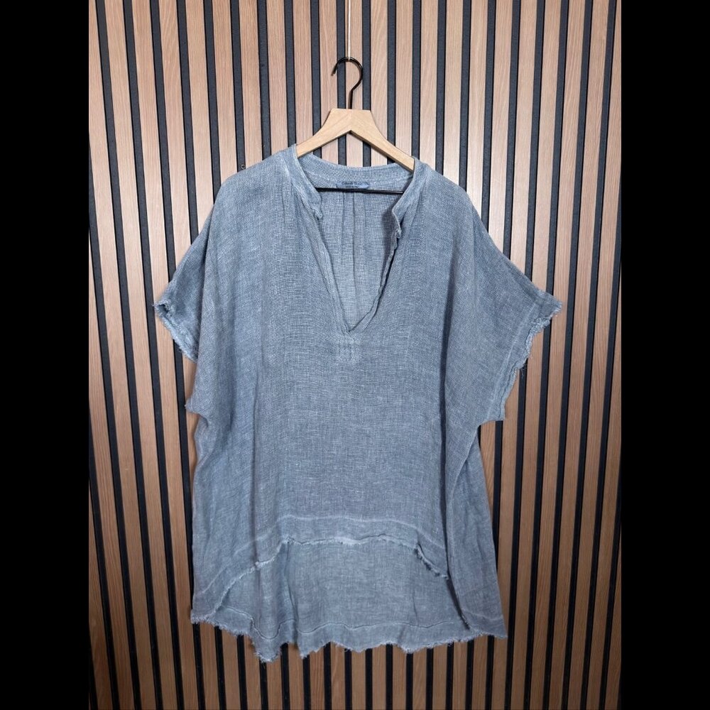 Catwalk Studio Tunic Dress OS Women Blue Gray Cotton Linen Popover Hi-Low Frayed